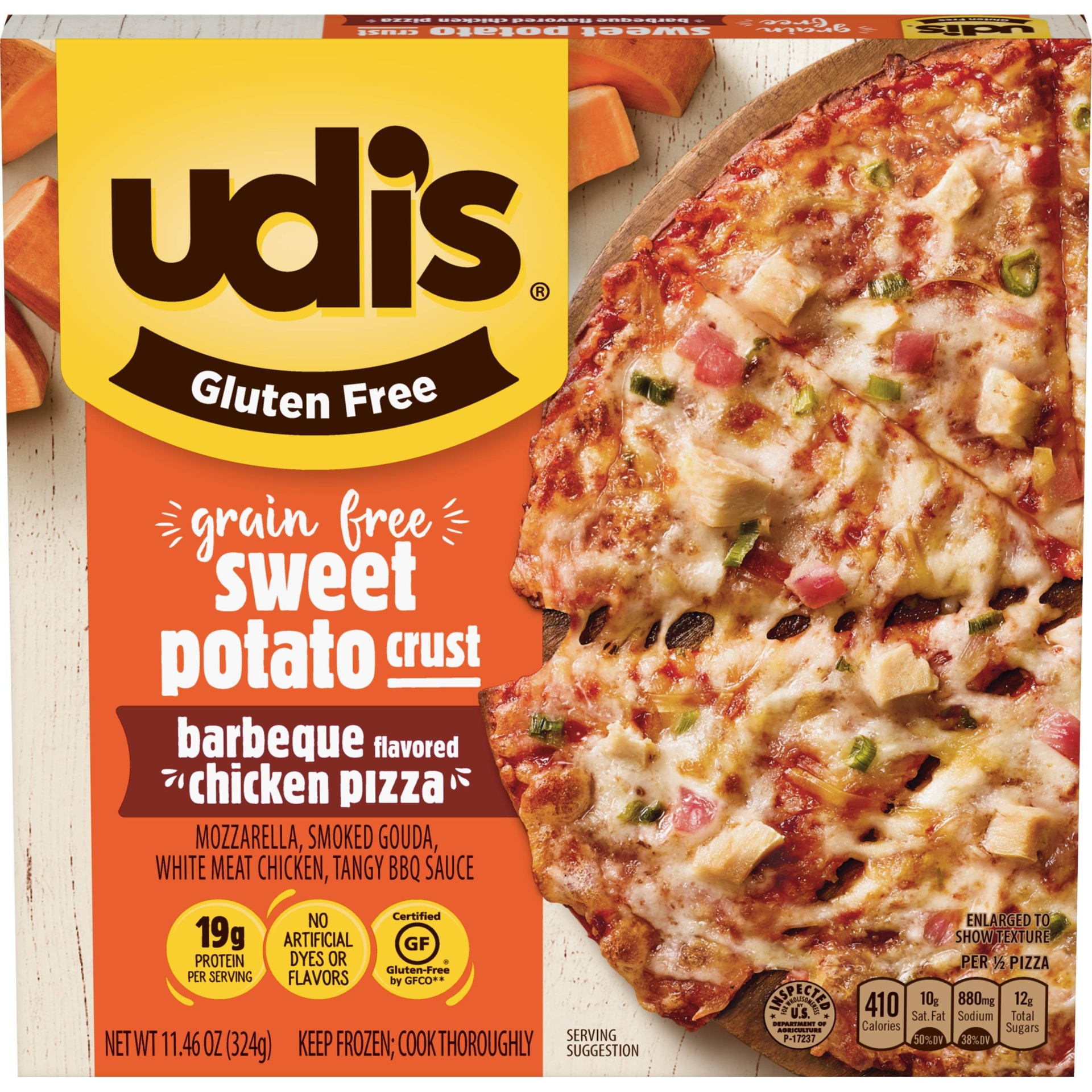 slide 1 of 6, Udi's Gluten Free Sweet Potato Crust Barbeque Chicken Frozen Pizza, 11.46 oz