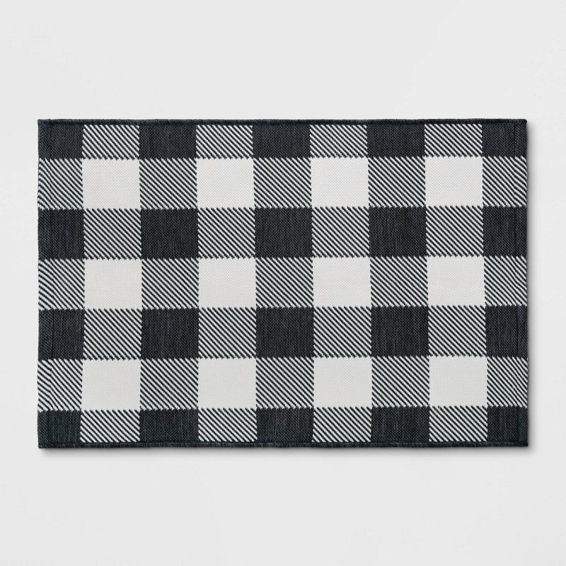 slide 1 of 4, 2'x3' Washable Reversible Scatter Indoor/Outdoor Accent Rug Black/White - Threshold™: Check Pattern, Flat Pile, Machine Washable, 1 ct