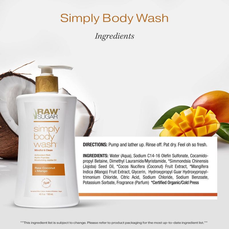 slide 8 of 9, Raw Sugar Simply Body Wash - Raw Coconut + Mango - 40 fl oz, 40 fl oz