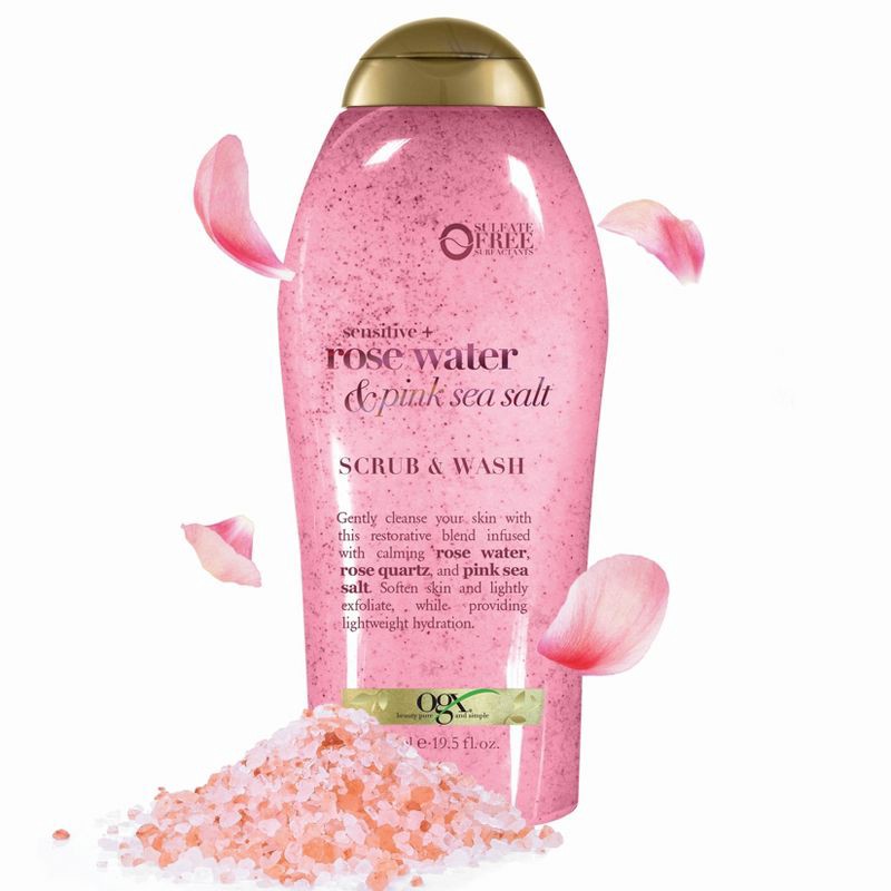 slide 3 of 6, OGX Sensitive + Rose Water & Pink Sea Salt Scrub & Wash - 19.5 fl oz, 19.5 fl oz