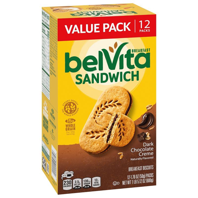 slide 8 of 14, BelVita Breakfast Sandwich Dark Chocolate Creme Breakfast Biscuits Value Pack - 12.12oz/12pk, 12.12 oz, 12 ct