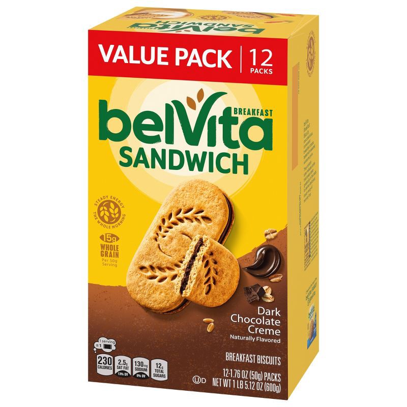 slide 9 of 14, BelVita Breakfast Sandwich Dark Chocolate Creme Breakfast Biscuits Value Pack - 12.12oz/12pk, 12.12 oz, 12 ct