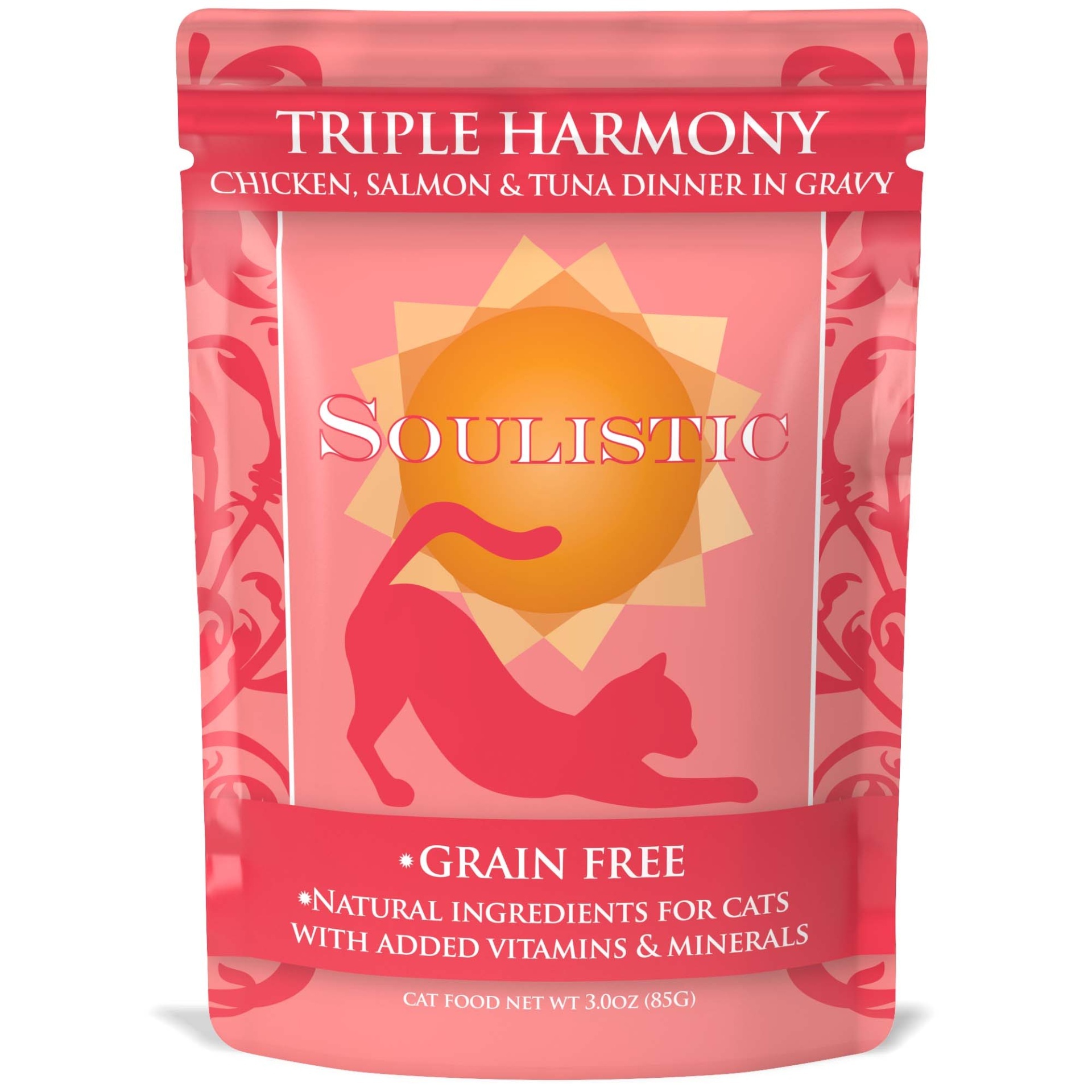 slide 1 of 1, Soulistic Triple Harmony Chicken, Salmon, & Tuna Dinner in Gravy Cat Food Pouches, 3 oz