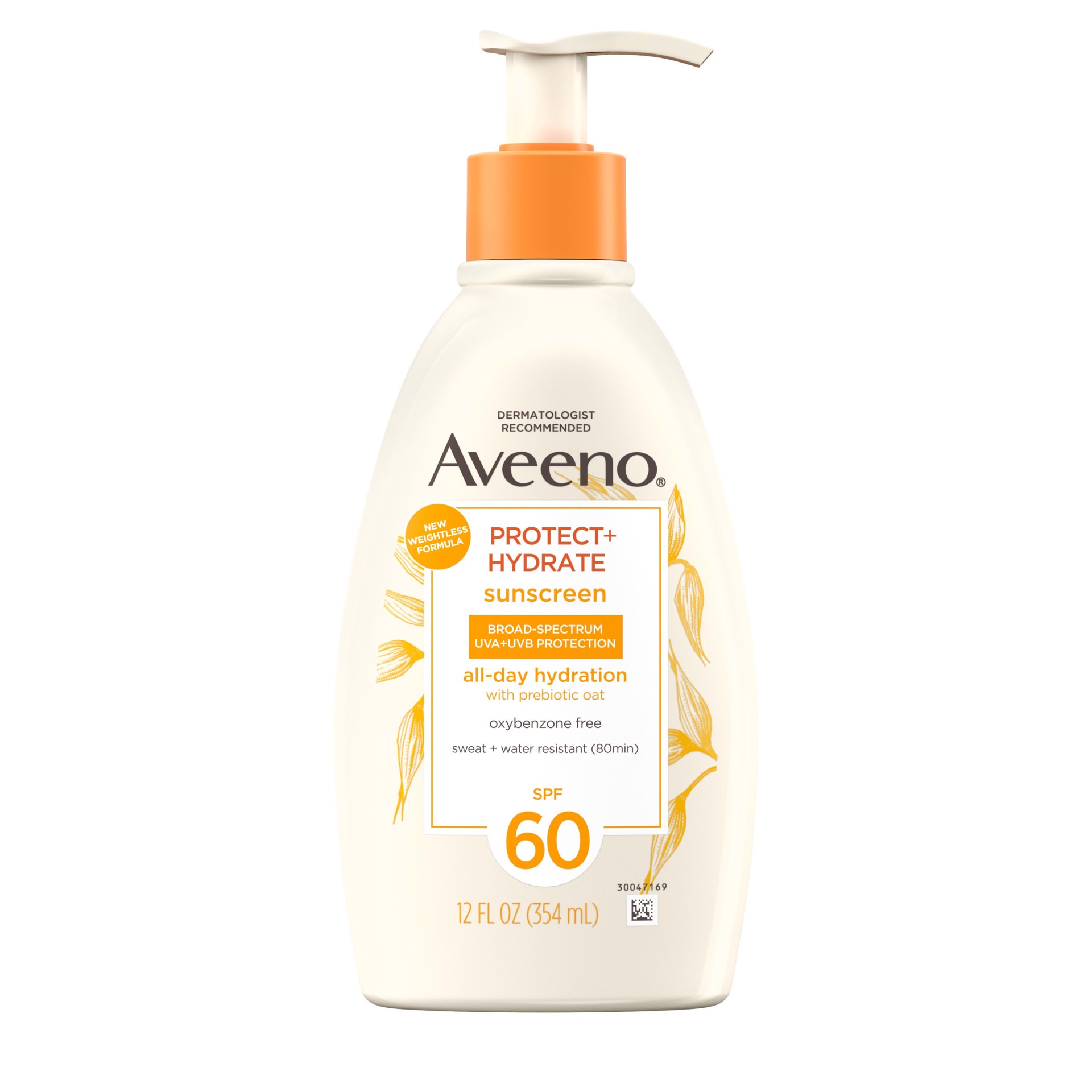 slide 1 of 6, Aveeno Protect + Hydrate Moisturizing Body Sunscreen Lotion with Broad Spectrum SPF 60 & Prebiotic Oat, Weightless, Paraben-Free, Oil-Free & Oxybenzone-Free, Pump Bottle, 12.0 fl. oz, 12 fl oz