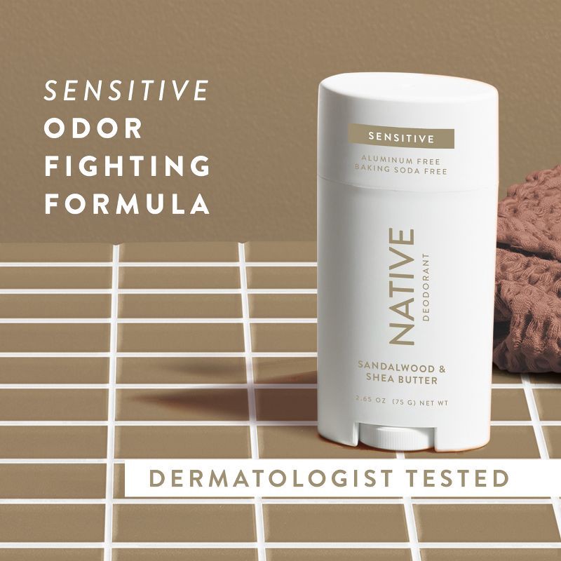 slide 6 of 9, Native Sensitive Solid Deodorant for Men & Women - Sandalwood & Shea - Aluminum & Baking Soda Free - 2.65oz, 2.65 oz