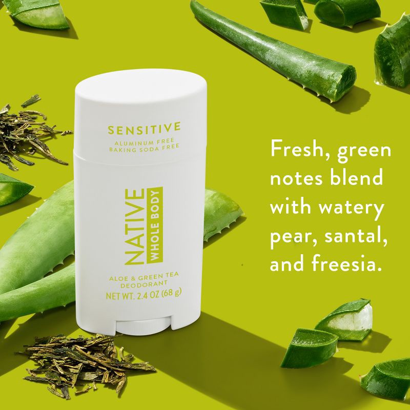 slide 4 of 9, Native Sensitive Solid Deodorant for Women & Men - Aloe & Green Tea - Aluminum & Baking Soda Free - 2.65oz, 2.65 oz