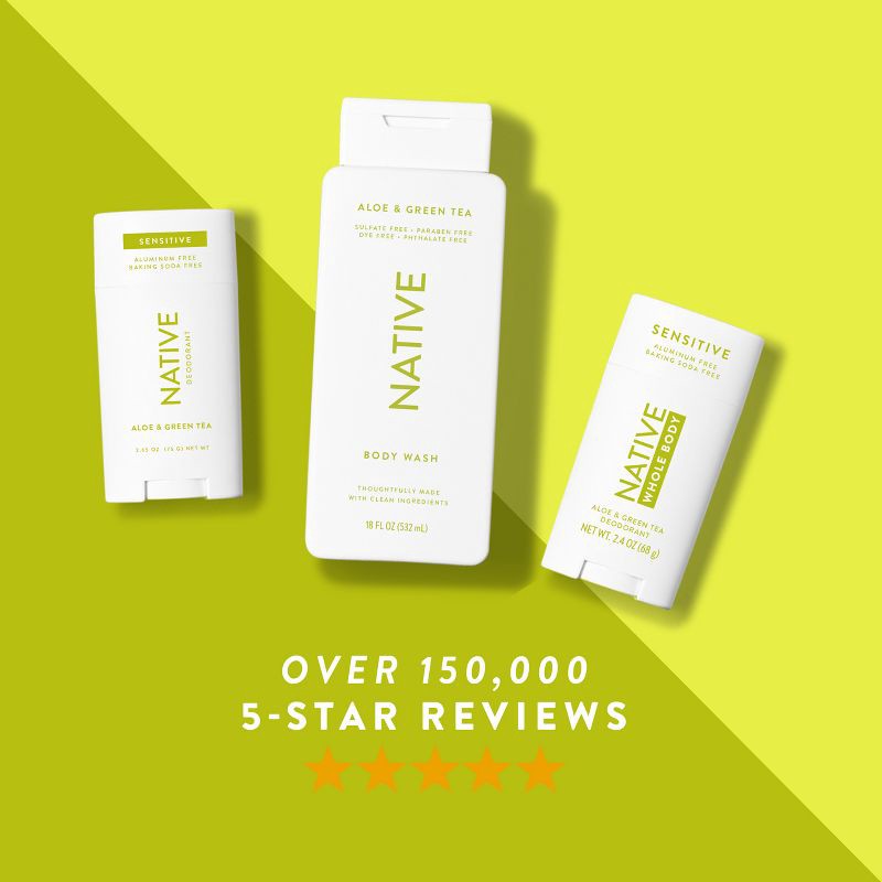 slide 6 of 9, Native Sensitive Solid Deodorant for Women & Men - Aloe & Green Tea - Aluminum & Baking Soda Free - 2.65oz, 2.65 oz