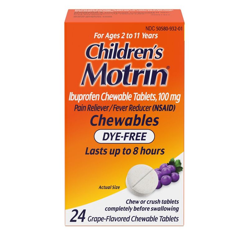 slide 2 of 7, Children's Motrin Dye-Free Pain Reliever and Fever Reducer Ibuprofen (NSAID) ChewableTablets - Grape Flavor - 24ct, 24 ct