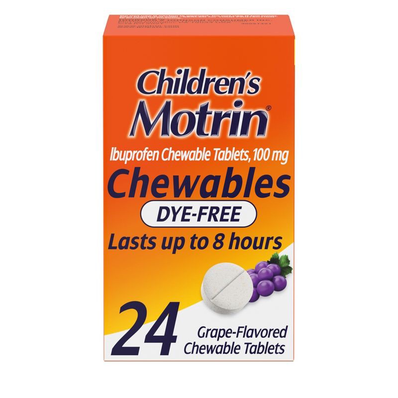 slide 1 of 7, Children's Motrin Dye-Free Pain Reliever and Fever Reducer Ibuprofen (NSAID) ChewableTablets - Grape Flavor - 24ct, 24 ct