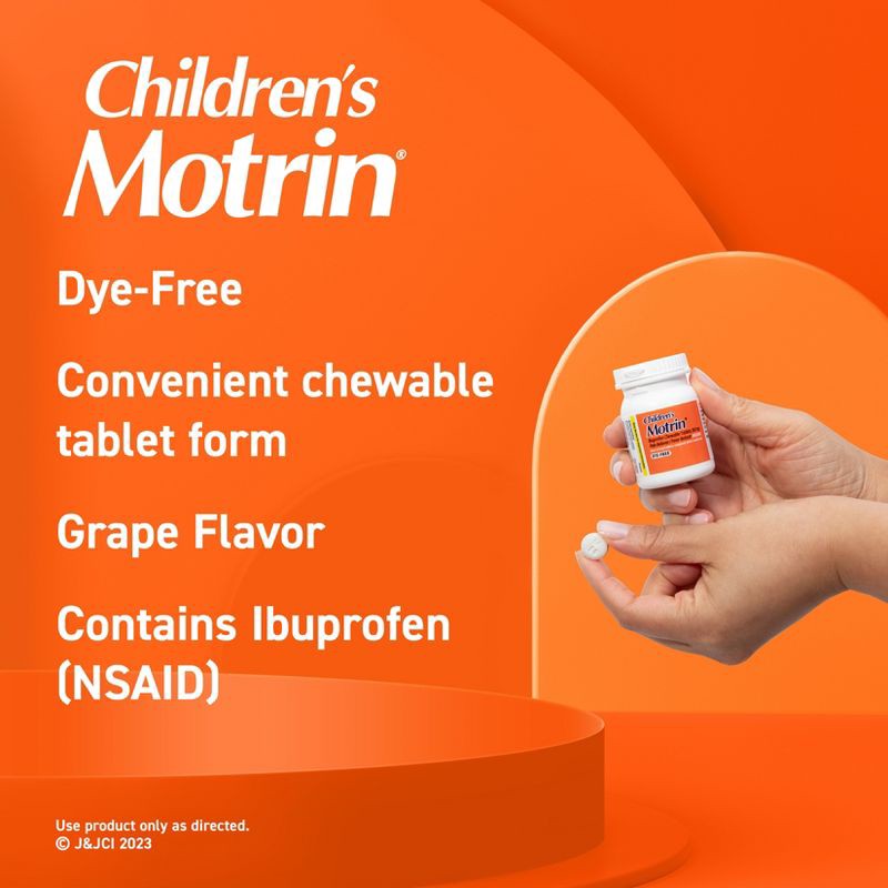 slide 4 of 7, Children's Motrin Dye-Free Pain Reliever and Fever Reducer Ibuprofen (NSAID) ChewableTablets - Grape Flavor - 24ct, 24 ct