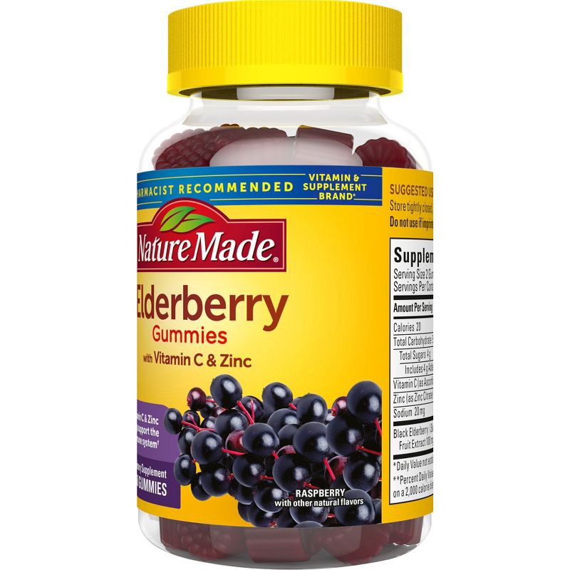 slide 8 of 10, Nature Made Elderberry with Vitamin C and Zinc for Immune Support Gummies - Raspberry Flavor - 60ct, 60 ct