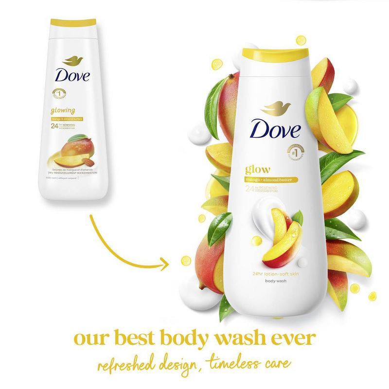 slide 7 of 11, Dove Beauty Dove Glow Body Wash - Mango & Almond Butters 24hr Lotion-Soft Skin - 20 fl oz, 20 fl oz
