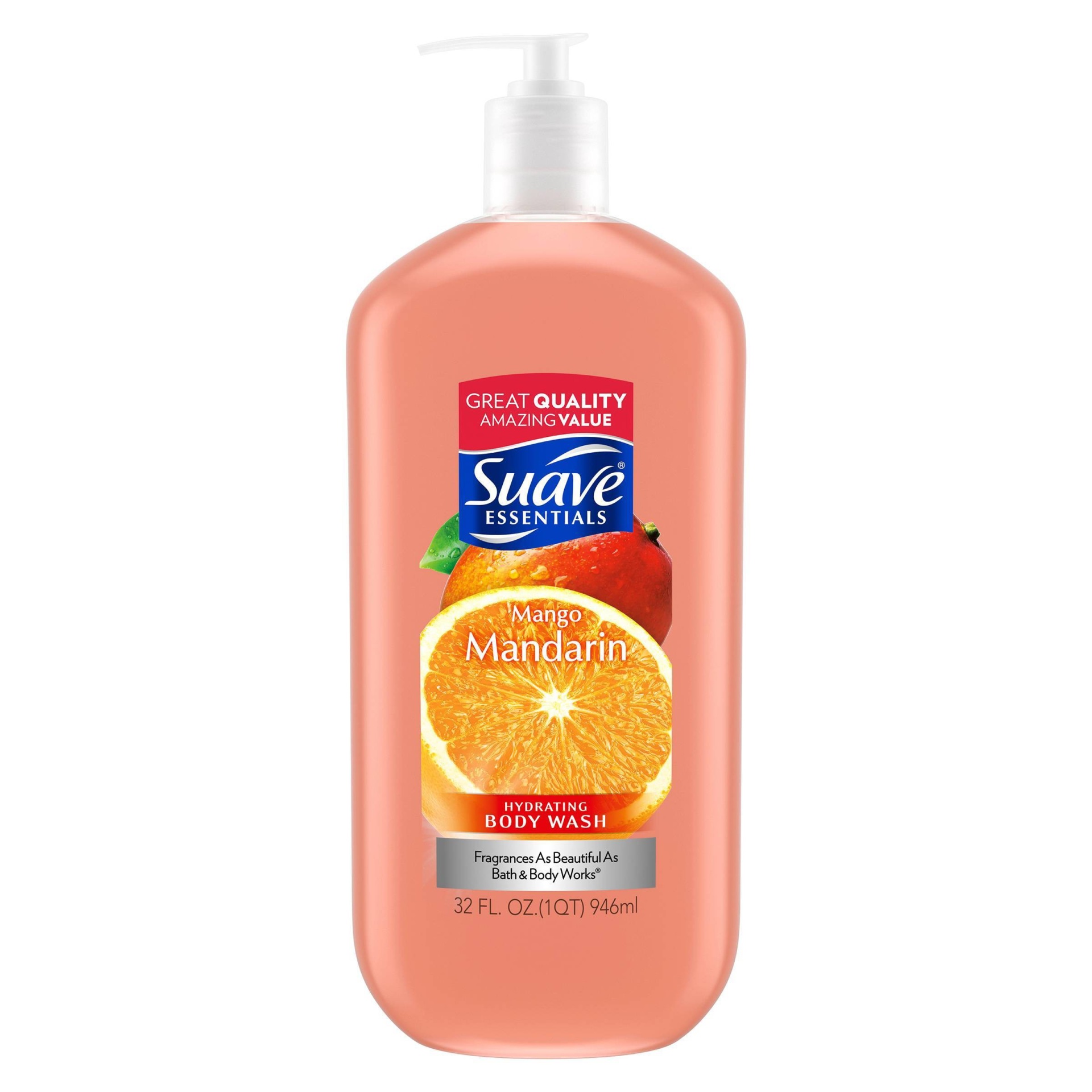 slide 1 of 4, Suave Essentials Mango Mandarin Hydrating Body Wash Soap, 32 fl oz