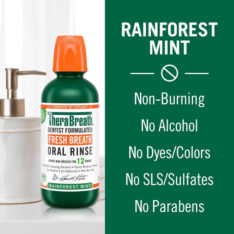 slide 5 of 9, TheraBreath Fresh Breath Mouthwash Alcohol-Free - Rainforest Mint - 16 fl oz, 16 fl oz