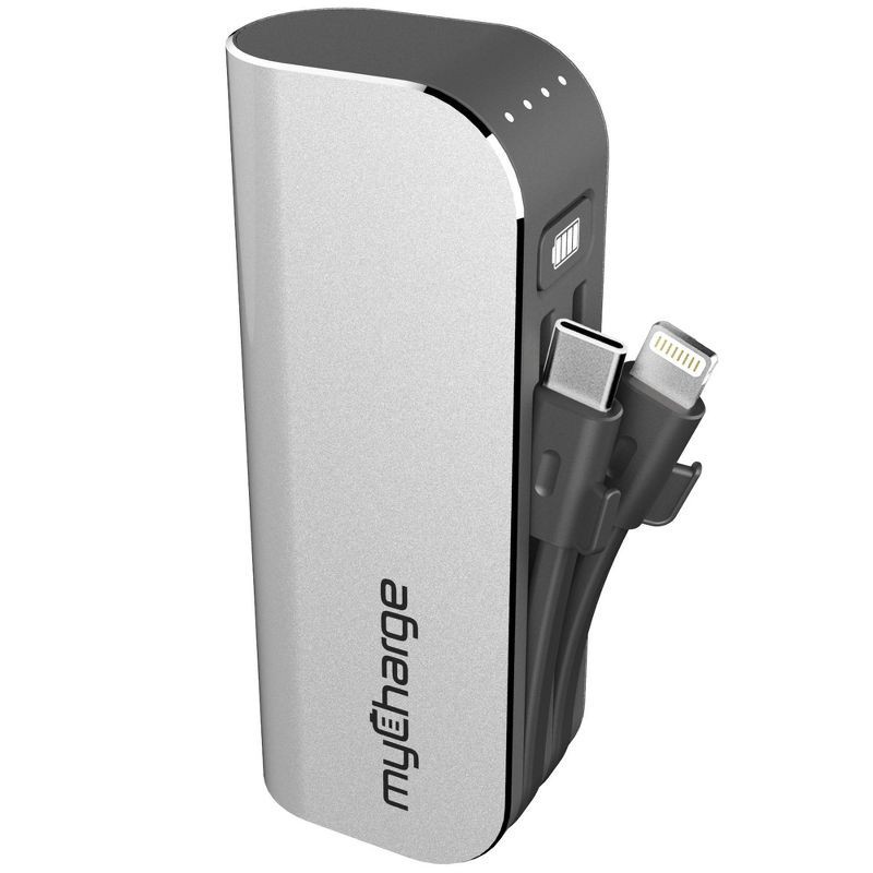 slide 1 of 1, myCharge Hub Mini 3350mAh/2.4A Output Power Bank with Integrated Charging Cables - Silver, 1 ct