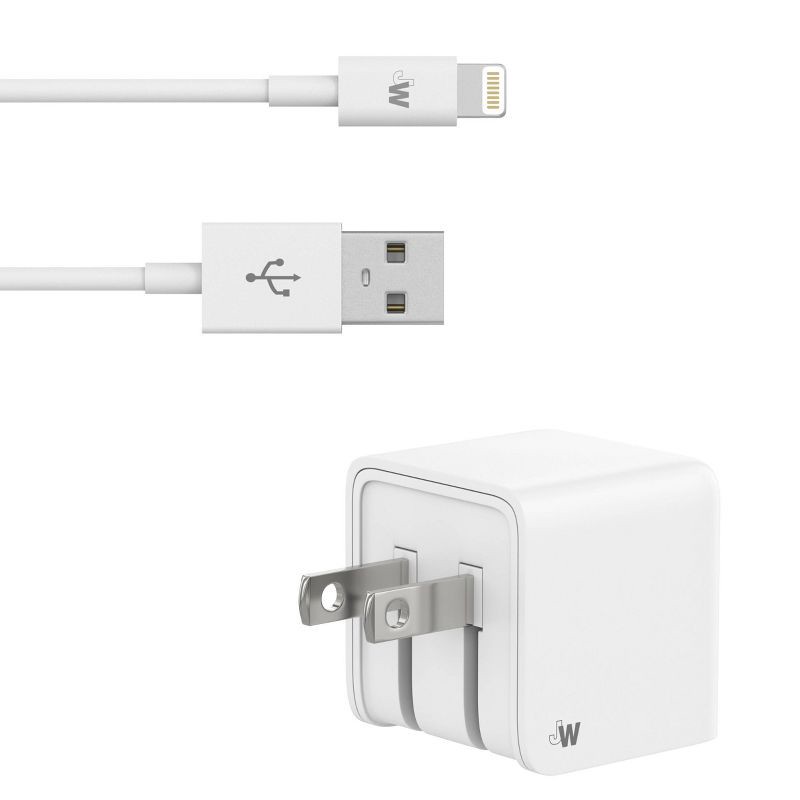 slide 3 of 7, Just Wireless 2.4A/12W 1-Port USB-A Wall Charger with 5' TPU Lightning to USB-A Cable - White, 1 ct