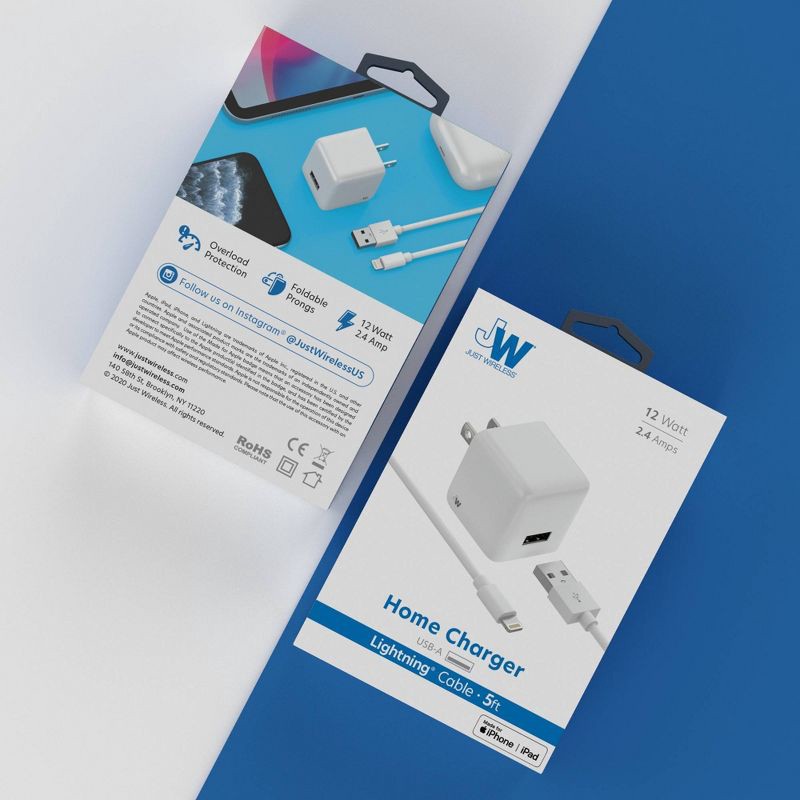 slide 7 of 7, Just Wireless 2.4A/12W 1-Port USB-A Wall Charger with 5' TPU Lightning to USB-A Cable - White, 1 ct