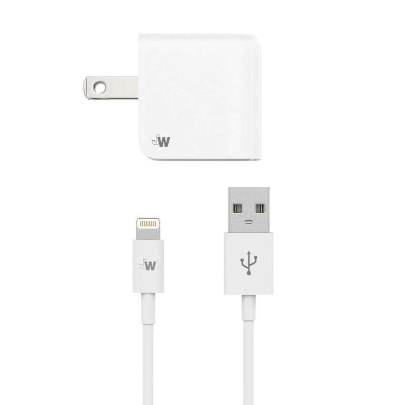 slide 1 of 7, Just Wireless 2.4A/12W 1-Port USB-A Wall Charger with 5' TPU Lightning to USB-A Cable - White, 1 ct