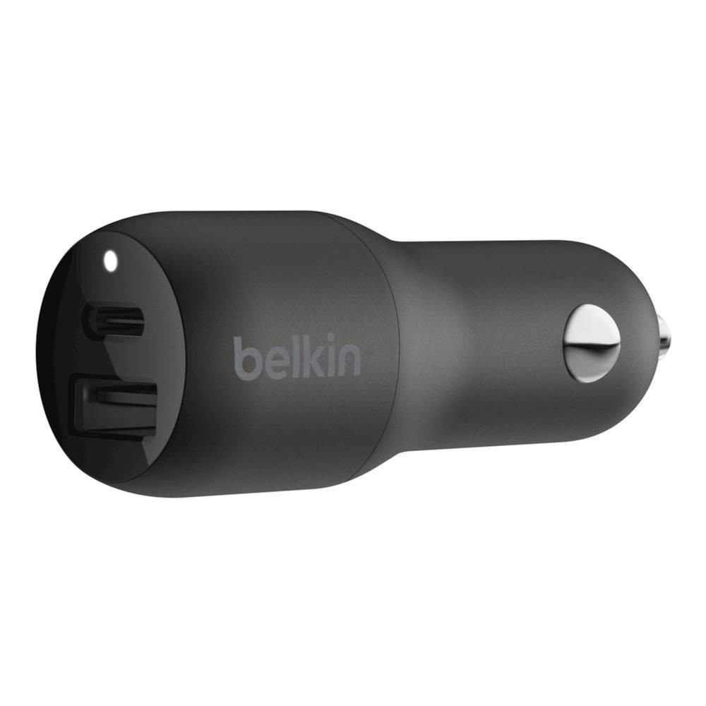 slide 3 of 5, Belkin 2-Port 18W USB-C & 12W USB-A Car Charger, Lightning to USB-C Cable - Black, 4 in