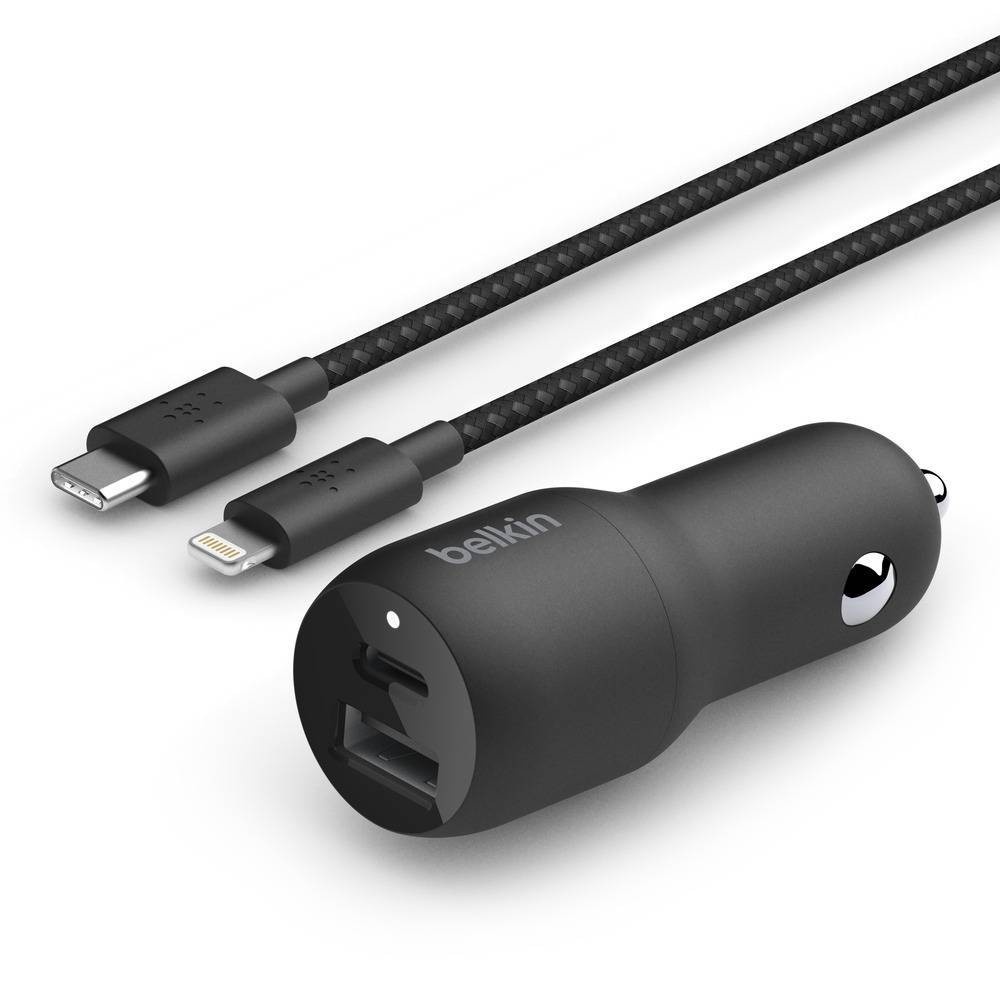 slide 1 of 5, Belkin 2-Port 18W USB-C & 12W USB-A Car Charger, Lightning to USB-C Cable - Black, 4 in