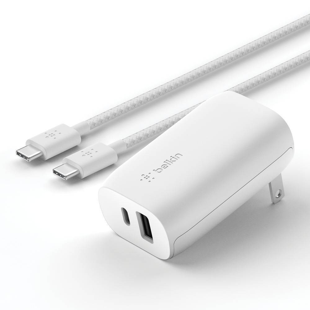 slide 1 of 5, Belkin 2-Port 18W USB-C & 12W USB-A Wall Charger, Lightning to USB-C Cable - White, 4 in