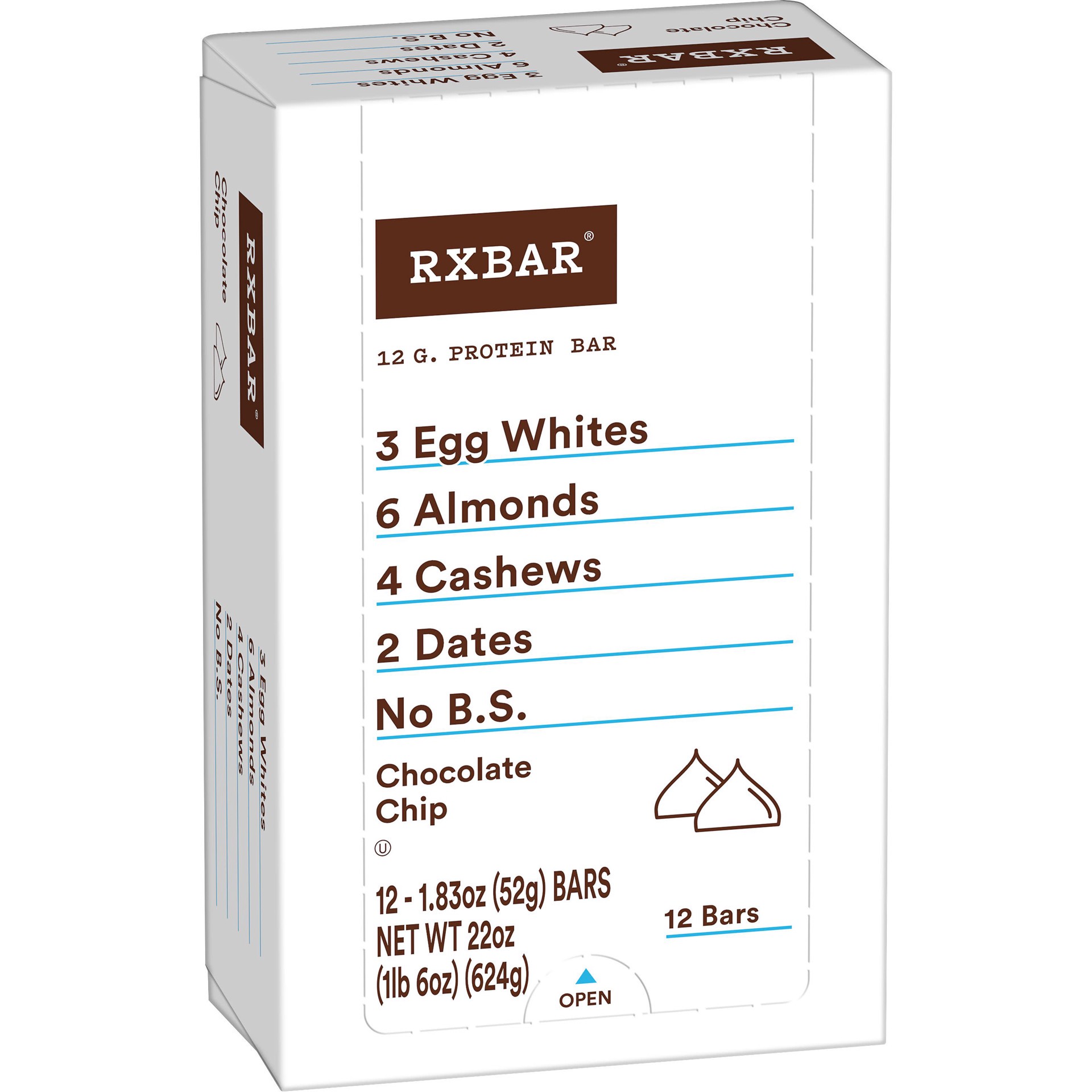 slide 1 of 5, RXBAR Protein Bars, Protein Snack, Snack Bars, Chocolate Chip, 22oz Box, 12 Bars, 22 oz