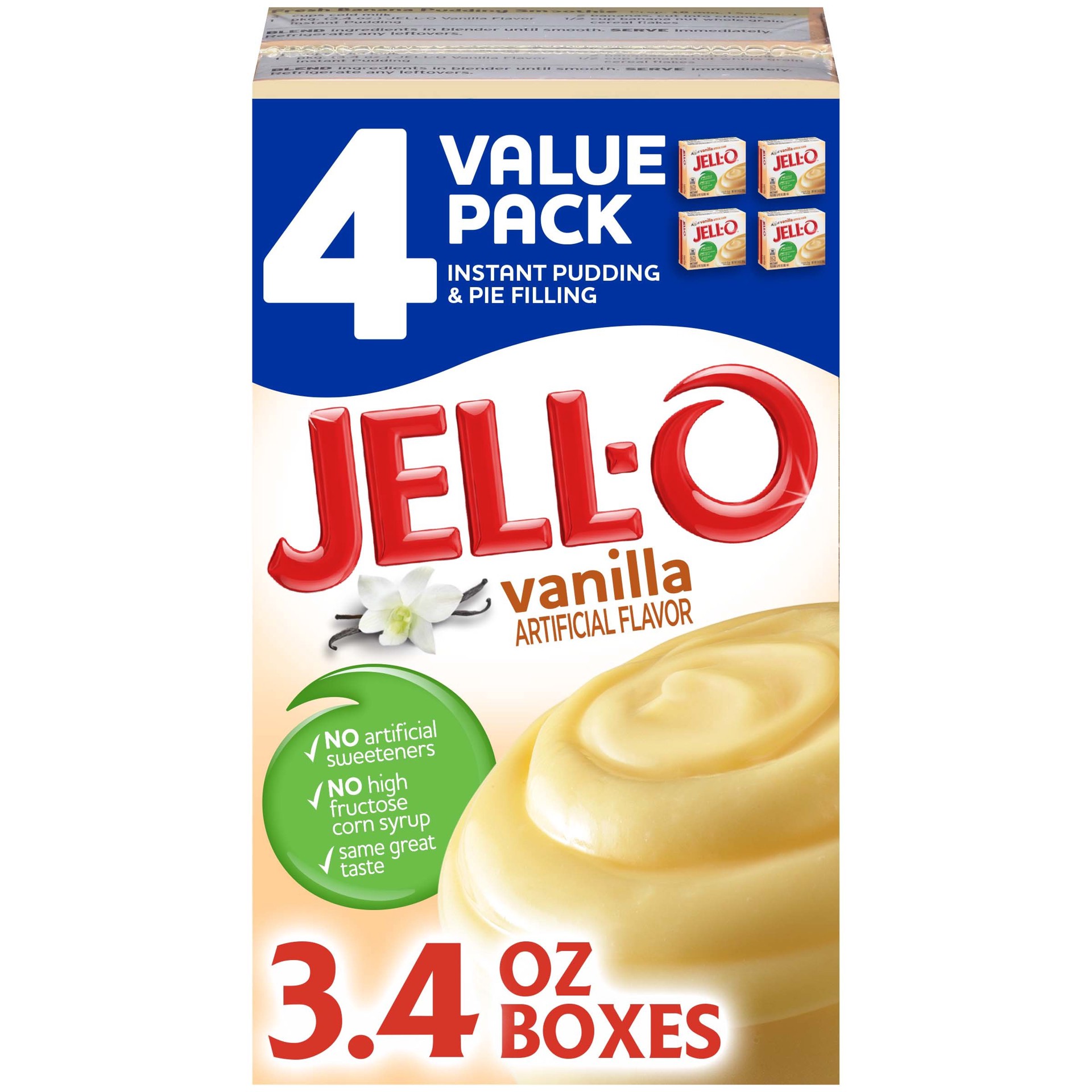 slide 1 of 9, Jell-O Vanilla Instant Pudding & Pie Filling Mix Value Pack, 4 ct Pack, 3.4 oz Boxes, 4 ct