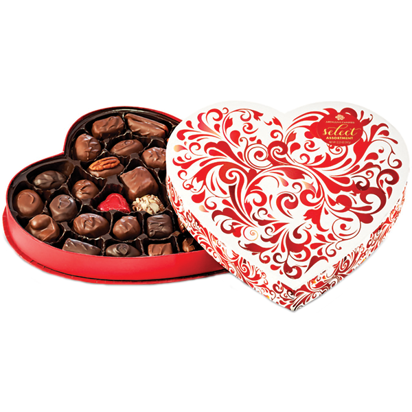 slide 1 of 1, Abdallah Candies Valentine's Assorted Chocolates Large Red Swirl Heart Box, 12.25 oz