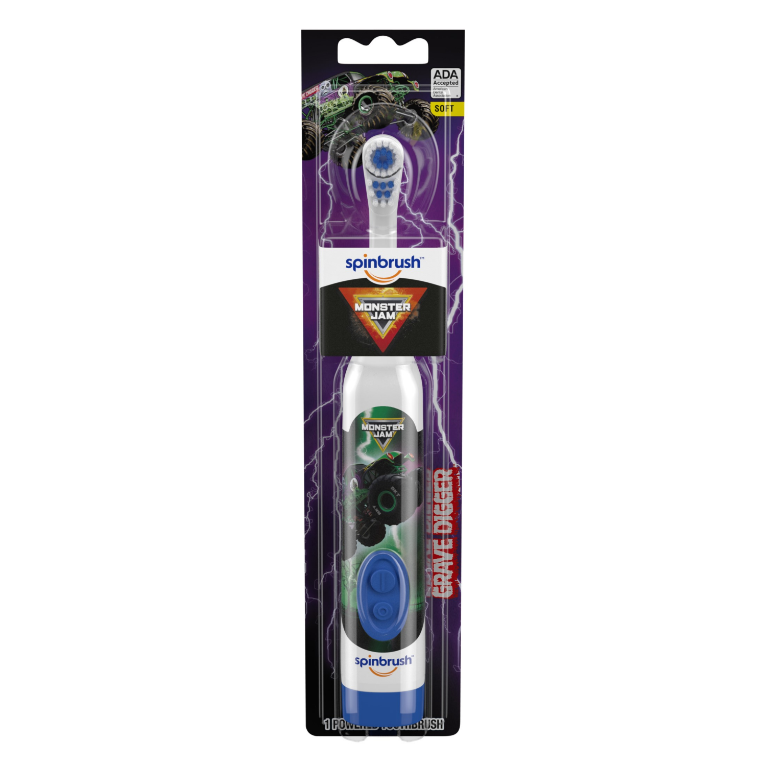 slide 1 of 1, Spinbrush Monster Jam Grave Digger Battery Powered Electric Toothbrush for Children Ages 3+ with AA Battery, Soft Head Bristles, 1 ct
