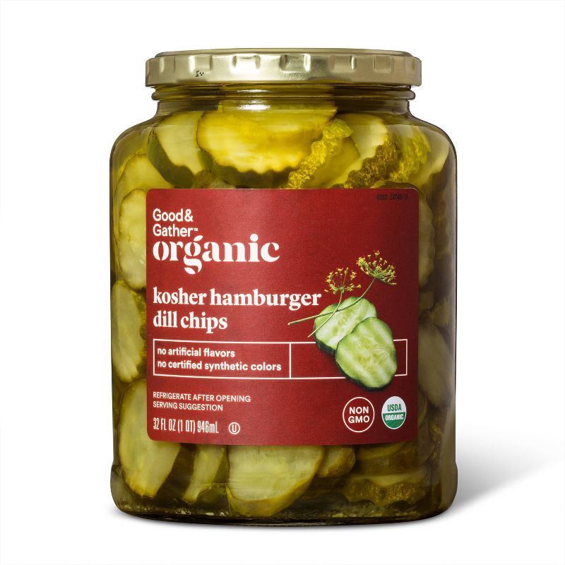 slide 1 of 3, Organic Kosher Hamburger Dill Pickle Chips - 32 fl oz - Good & Gather™, 32 fl oz