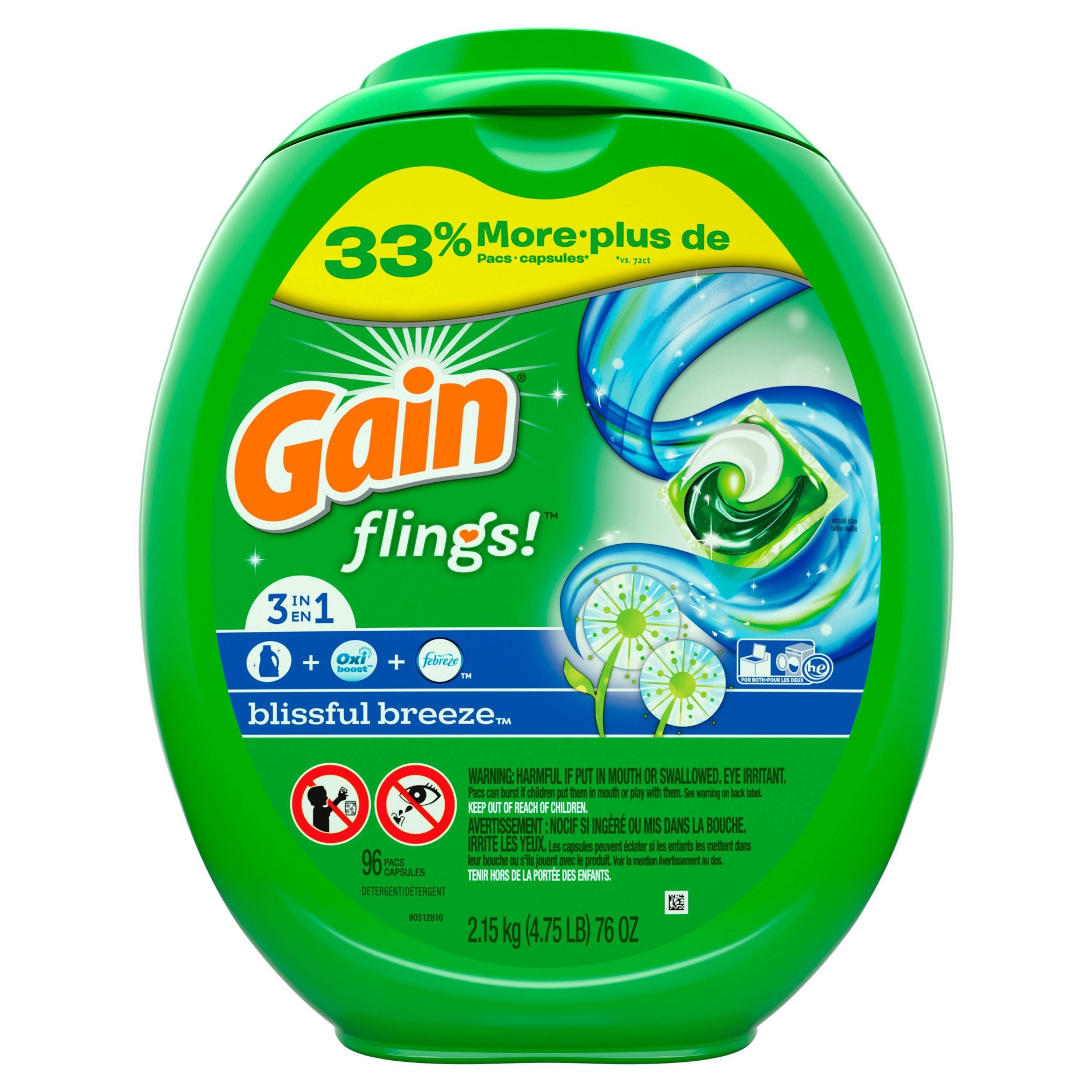 slide 1 of 3, Gain Flings Laundry Detergent Pacs - Blissful Breeze, 96 ct