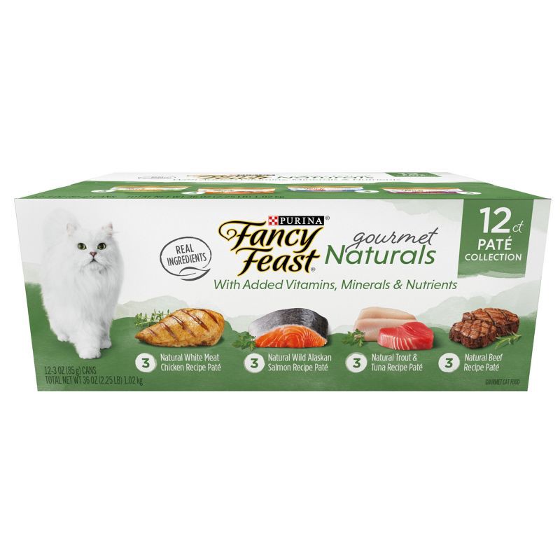 slide 1 of 10, Purina Fancy Feast Gourmet Naturals Variety Pack Chicken, Salmon, Tuna & Beef Flavor Wet Cat Food Cans - 3oz/12ct, 12 ct; 3 oz