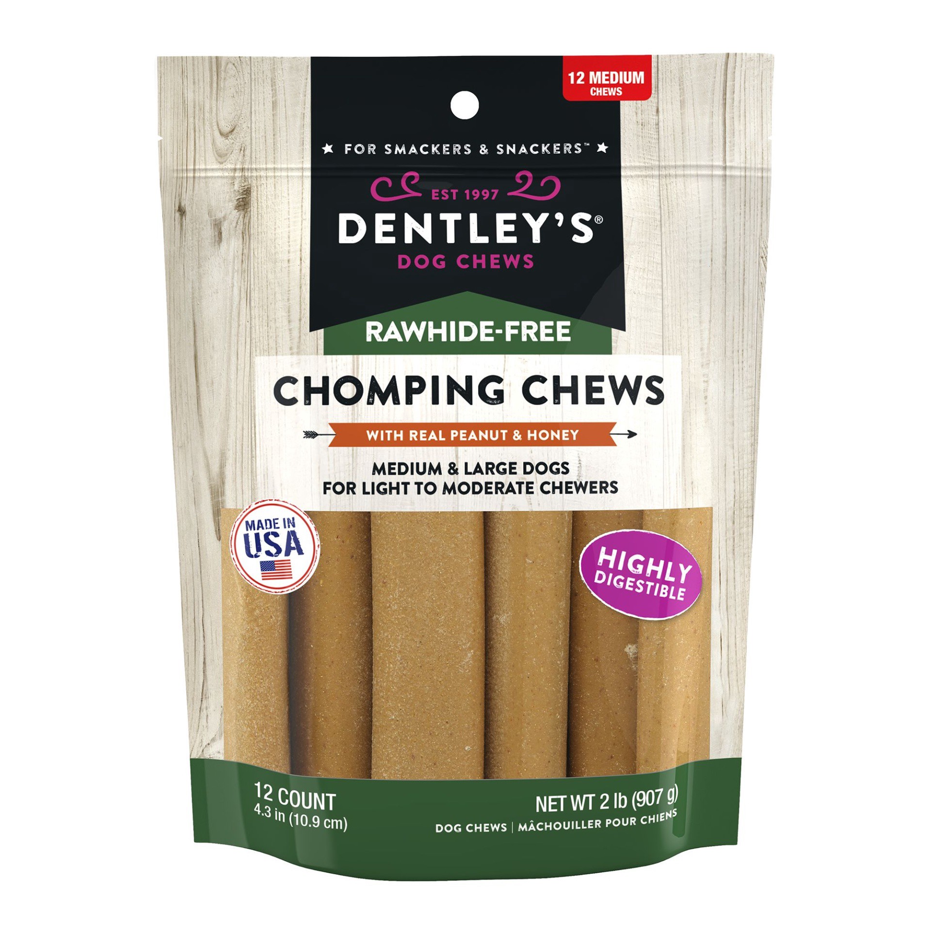 slide 1 of 1, Dentley's Rawhide-Free Jumbo Chomping Chews Dog Chew - Pork Belly, 12 ct