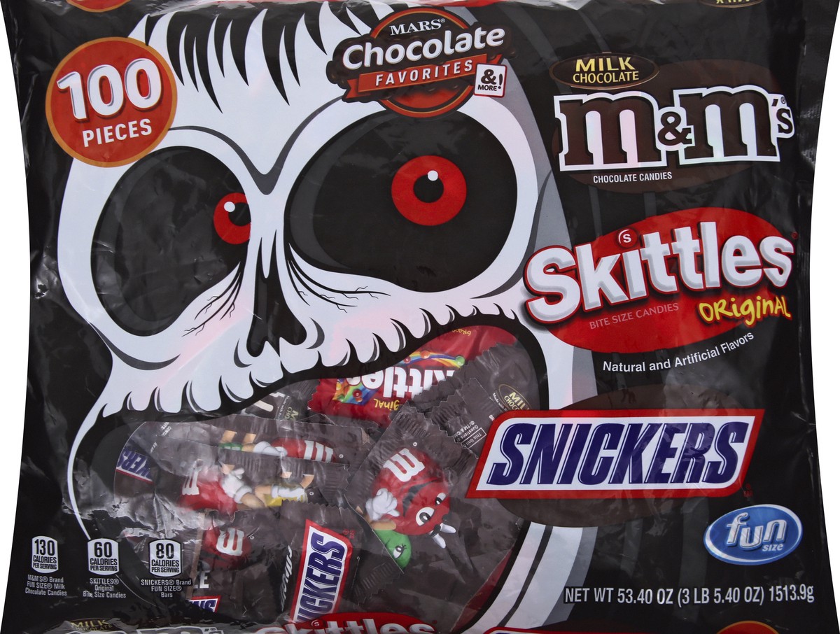 slide 5 of 8, Mixed M&M'S, SNICKERS & SKITTLES Fun Size Halloween Candy Variety Mix, 53.4-Ounce 100 Piece Bag, 53 oz