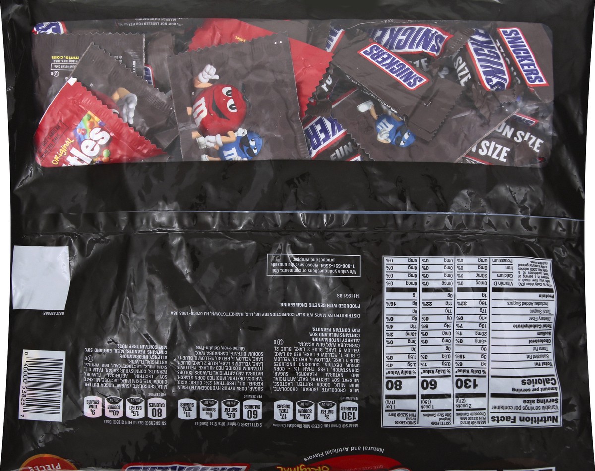 slide 8 of 8, Mixed M&M'S, SNICKERS & SKITTLES Fun Size Halloween Candy Variety Mix, 53.4-Ounce 100 Piece Bag, 53 oz