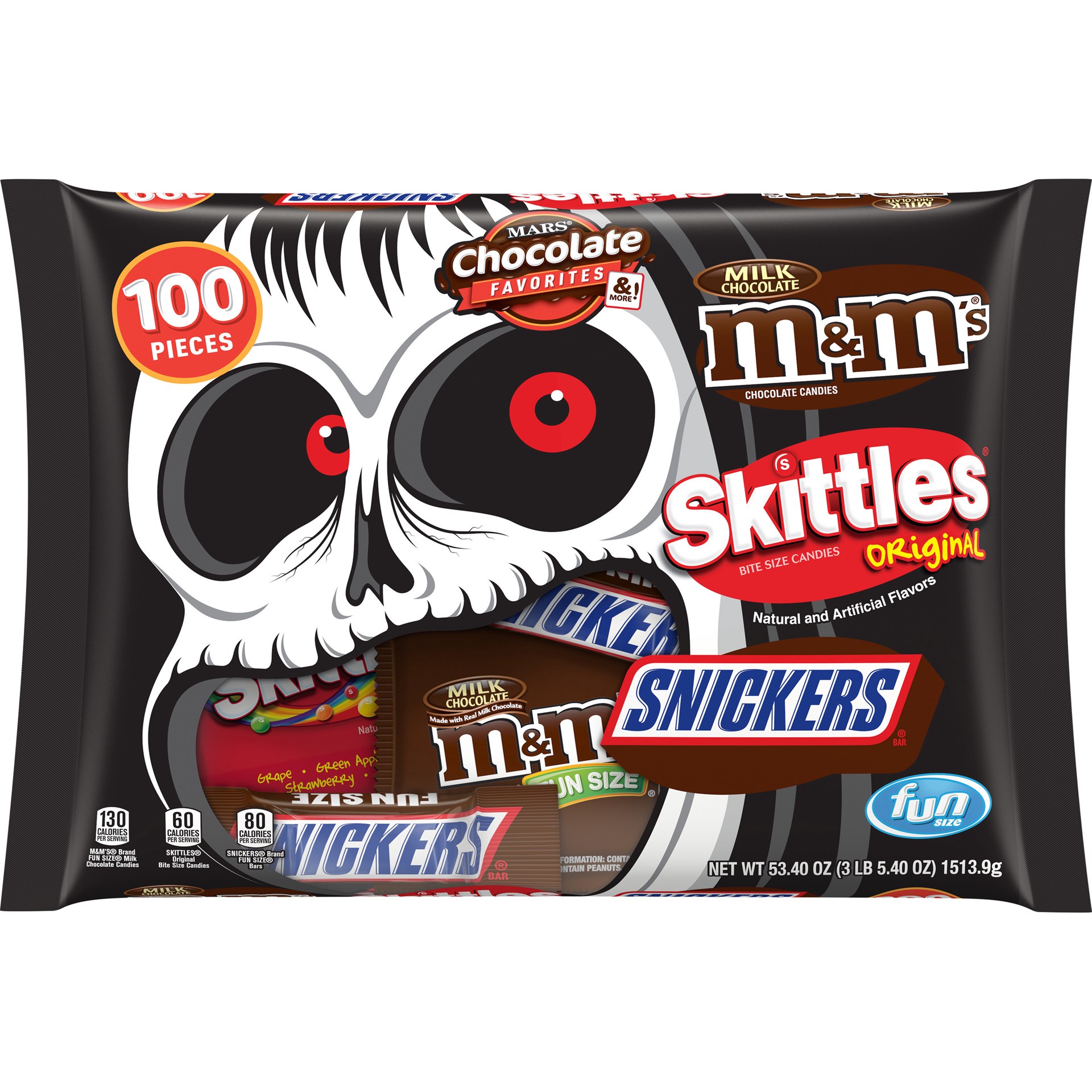 slide 1 of 8, Mixed M&M'S, SNICKERS & SKITTLES Fun Size Halloween Candy Variety Mix, 53.4-Ounce 100 Piece Bag, 53 oz