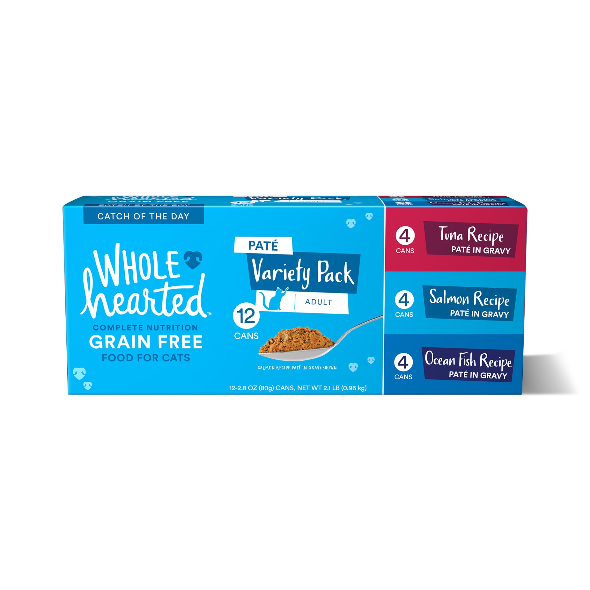 slide 1 of 1, WholeHearted Grain Free Pate Catch of the Day Wet Cat Food Variety Pack for All Life Stages, 2.8 oz