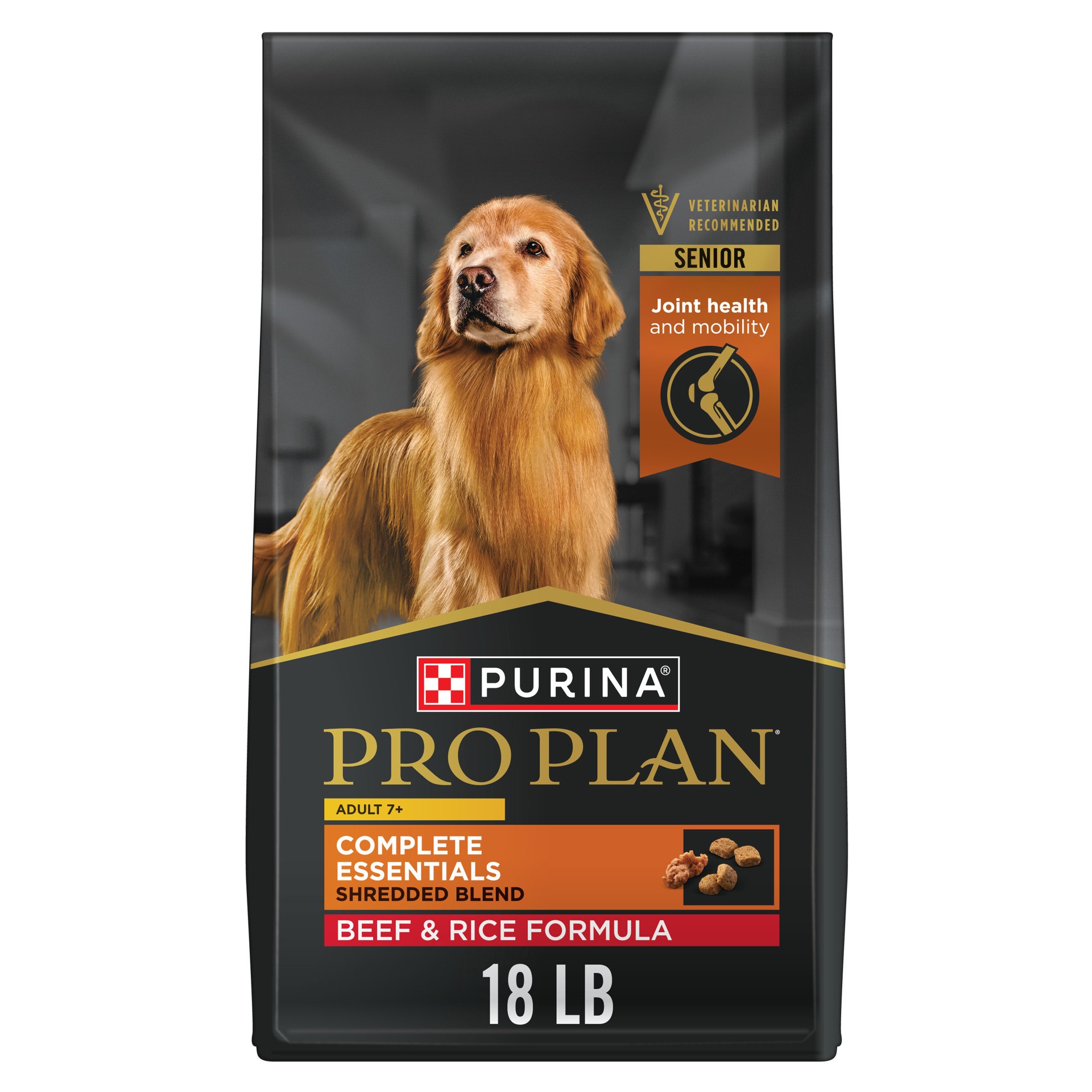 slide 1 of 9, Purina Pro Plan Adult 7 Plus Complete Essentials Shredded Blend Beef and Rice Formula High Protein Dog Food for Senior Dogs, 18 lb