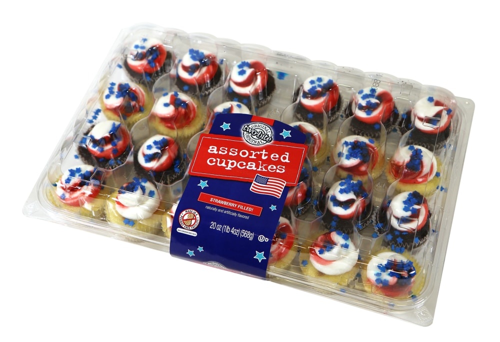 slide 1 of 1, two-bite Patriotic Strawberry Filled Vanilla And Chocolate Swirl Cupcakes, 24 ct; 20 fl oz