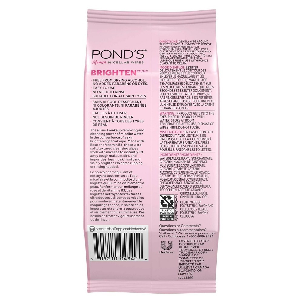 slide 2 of 5, Pond's Brighten Micellar Facial Wipes - Vit B3 - Rose, 25 ct