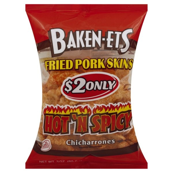 slide 1 of 6, BAKEN-ETS Chicharrones Hot 'N Spicy Fried Pork Skins, 3.5 oz