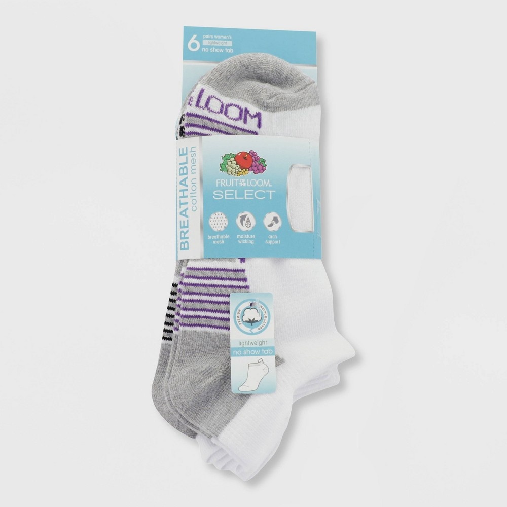 slide 3 of 3, Fruit of the Loom Women's Breathable Cotton Lightweight 6pk No Show Tab Athletic Socks - White 4-10, 6 ct