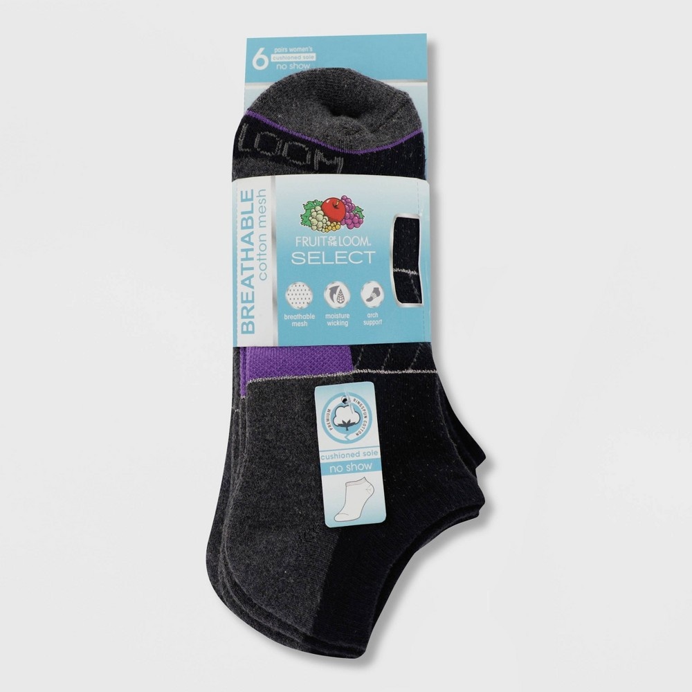 slide 3 of 3, Fruit of the Loom Women's Breathable Cotton Cushioned 6pk No Show Athletic Socks - Black 4-10, 6 ct
