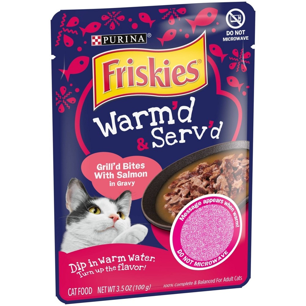 slide 4 of 5, Purina Friskies Warm'd & Serv'd Grill'd Bites In Gravy Wet Cat Food with Salmon, 3.5 oz