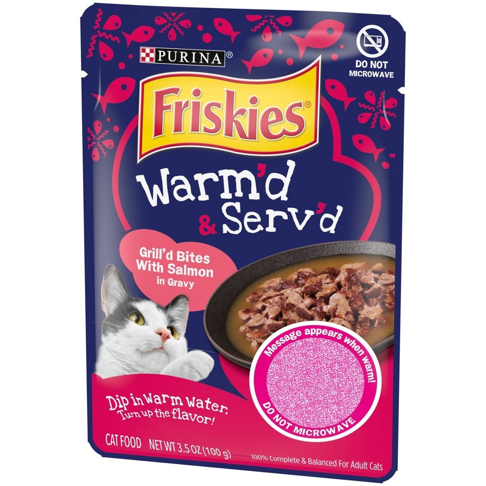 slide 5 of 5, Purina Friskies Warm'd & Serv'd Grill'd Bites In Gravy Wet Cat Food with Salmon, 3.5 oz