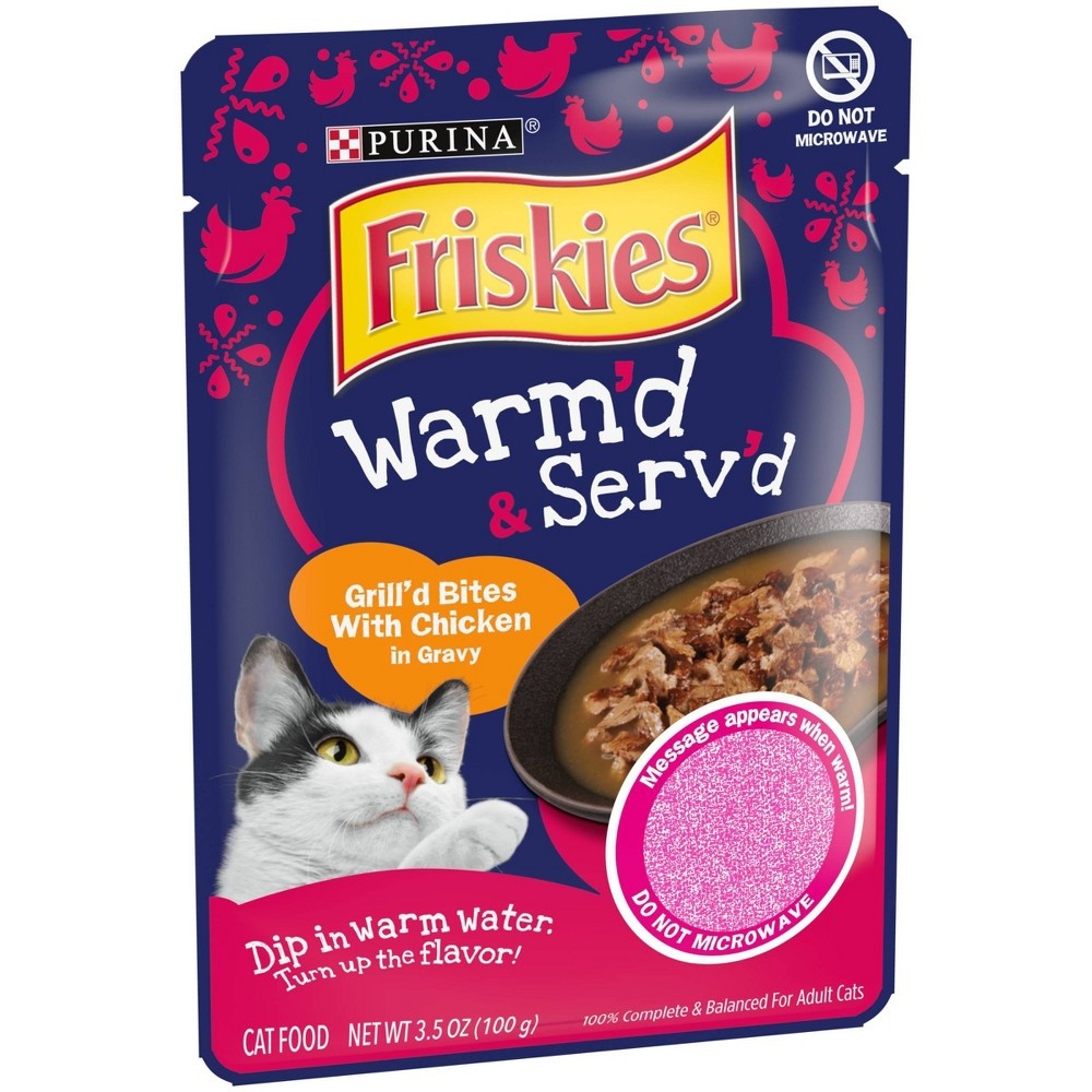 slide 4 of 5, Purina Friskies Warm'd & Serv'd Grill'd Bites In Gravy Wet Cat Food with Chicken, 3.5 oz