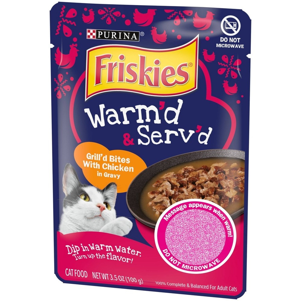 slide 5 of 5, Purina Friskies Warm'd & Serv'd Grill'd Bites In Gravy Wet Cat Food with Chicken, 3.5 oz