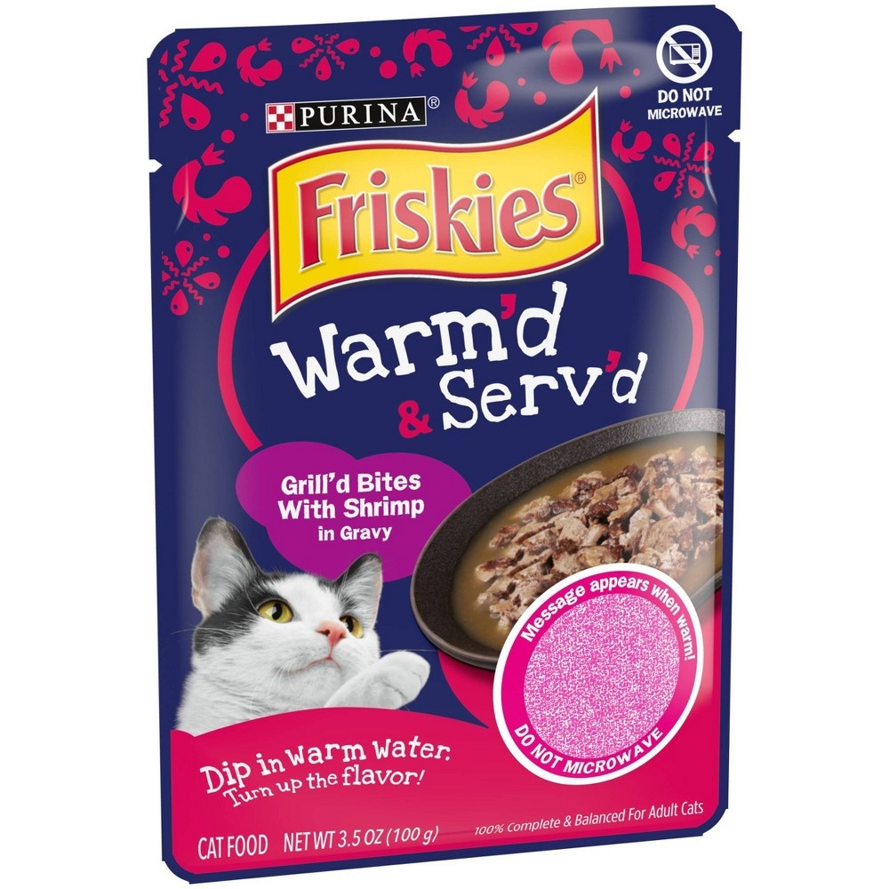 slide 4 of 5, Purina Friskies Warm'd & Serv'd Grill'd Bites In Gravy Wet Cat Food with Shrimp, 3.5 oz