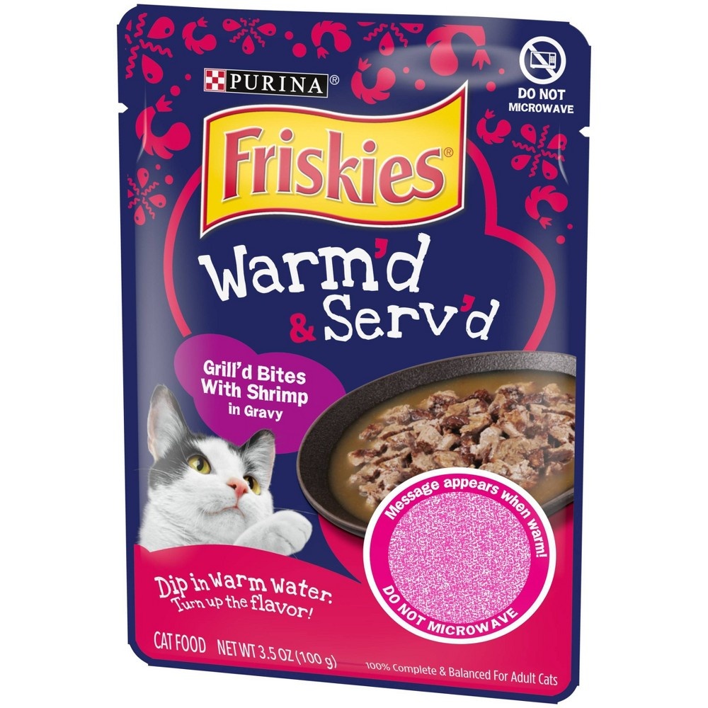 slide 5 of 5, Purina Friskies Warm'd & Serv'd Grill'd Bites In Gravy Wet Cat Food with Shrimp, 3.5 oz