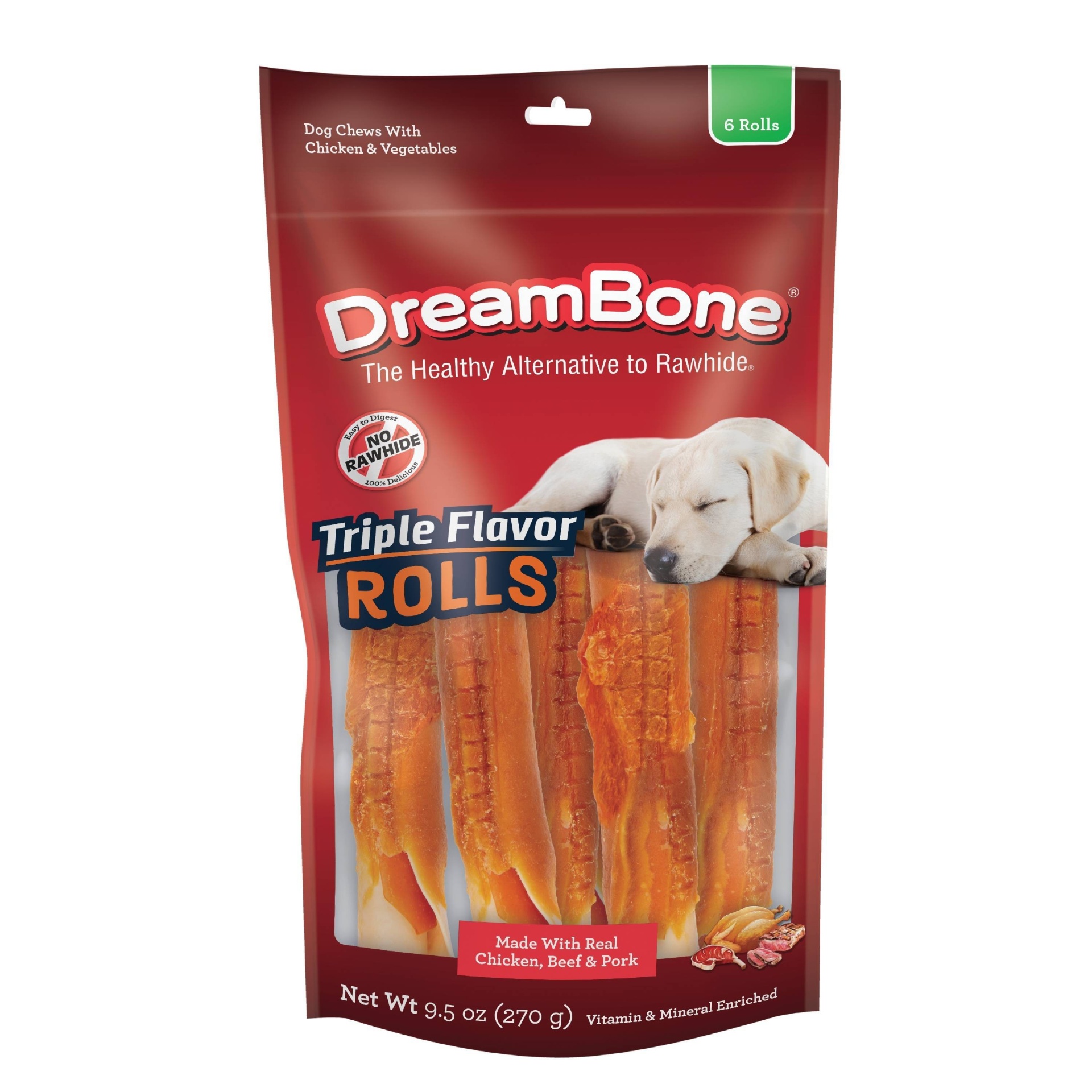 slide 1 of 5, DreamBone Triple Flavor Rolls Chews with Beef, Pork, Chicken and Vegetable Flavor Dog Treats - 6ct/9.5oz, 6 ct; 9.5 oz